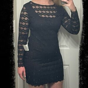 Jump Apparel Black Lace Long Sleeve Open Back Mini Dress